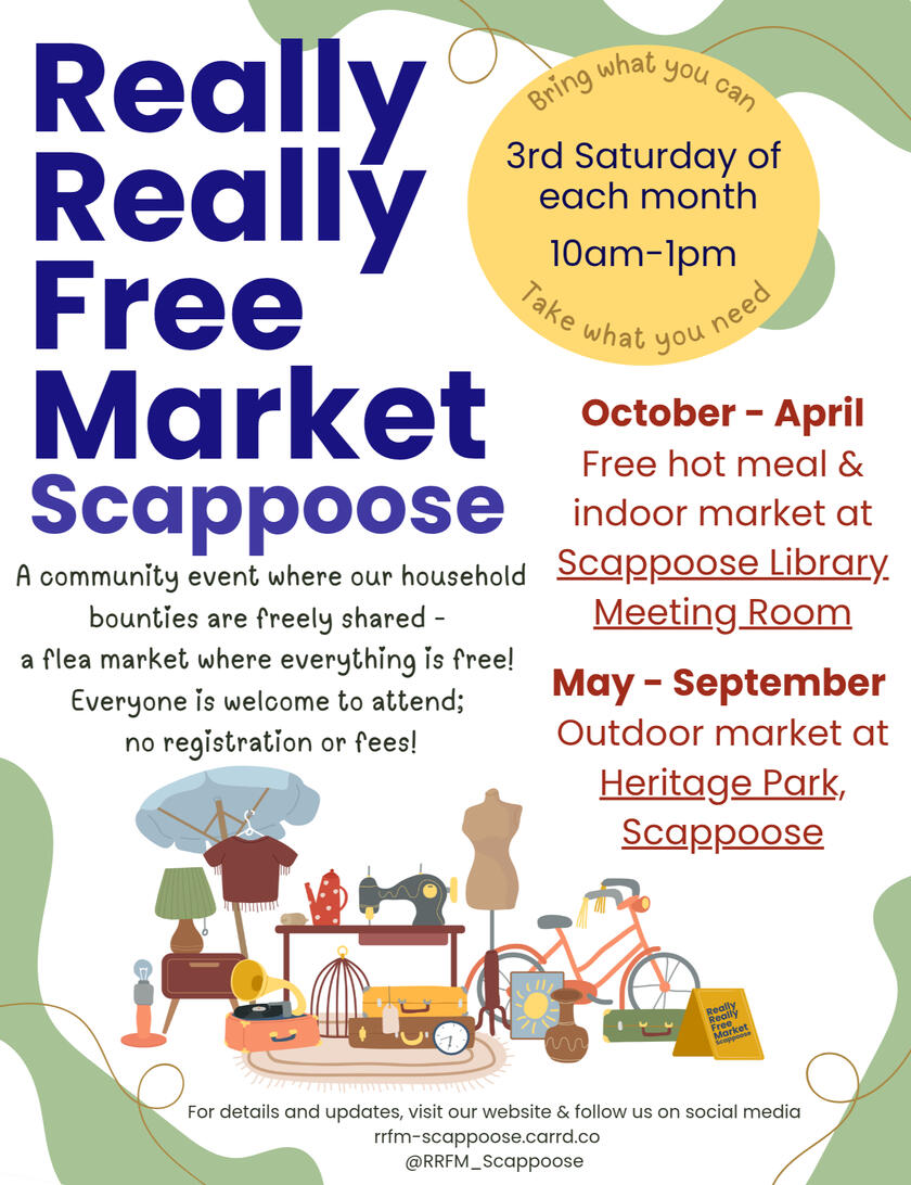 A flyer decorated with an image of a flea market. Text reads, "Really Really Free Market Scappoose. A community event where our household bounties are freely shared - a flea market where everything is free! Everyone is welcome to attend; no registration or